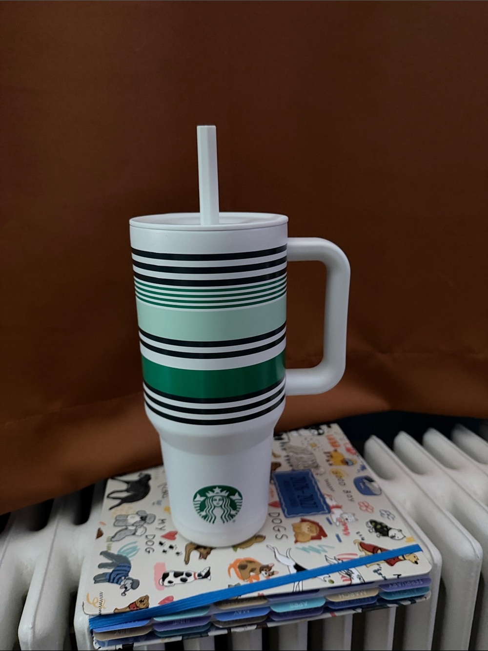 Starbucks 40oz White Travel Tumbler with Green and Black Stripes